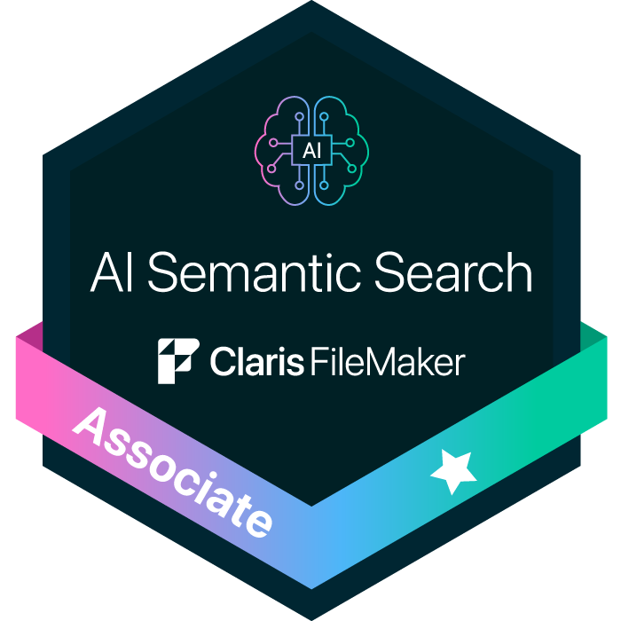 Claris FileMaker AI Fundamentals I-Semantic Search certification badge.