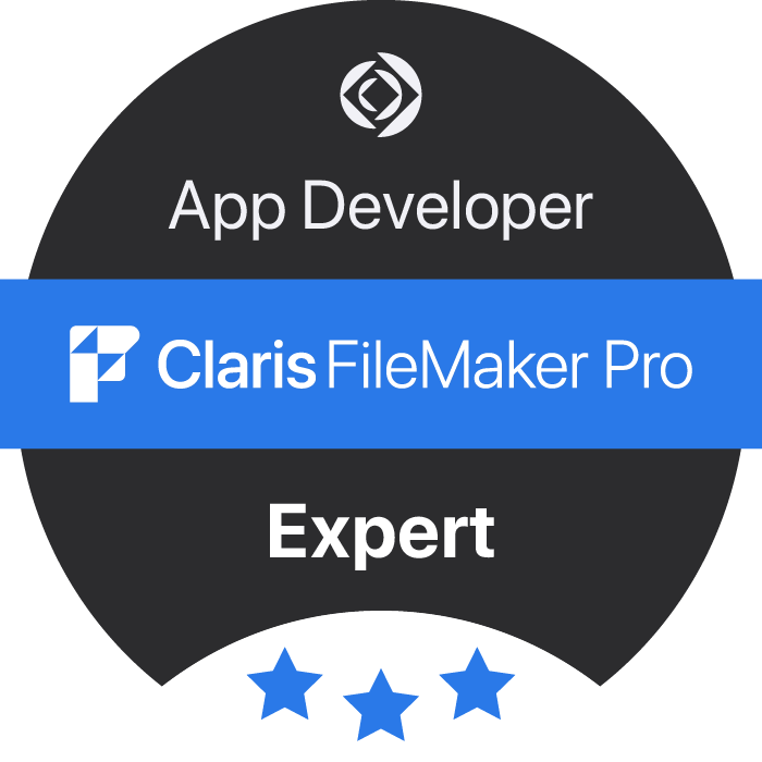 Claris FileMaker Pro Expert App Developer certification badge.