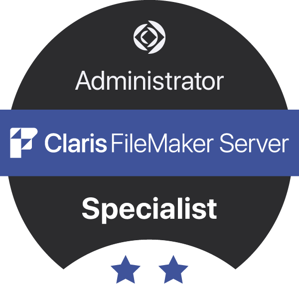 Claris FileMaker Server Specialist certification badge.