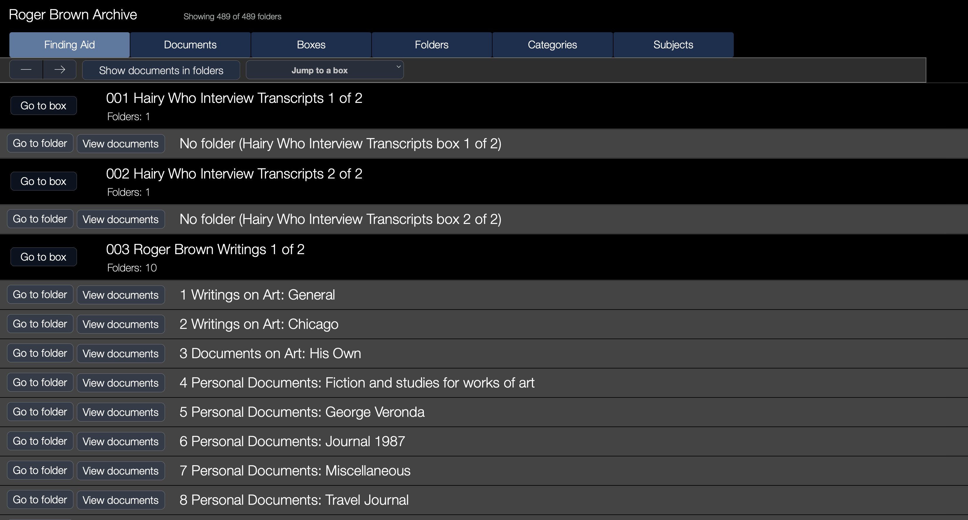 Screenshot of the RBSC archive database finding aid layout showing boxes and folders.