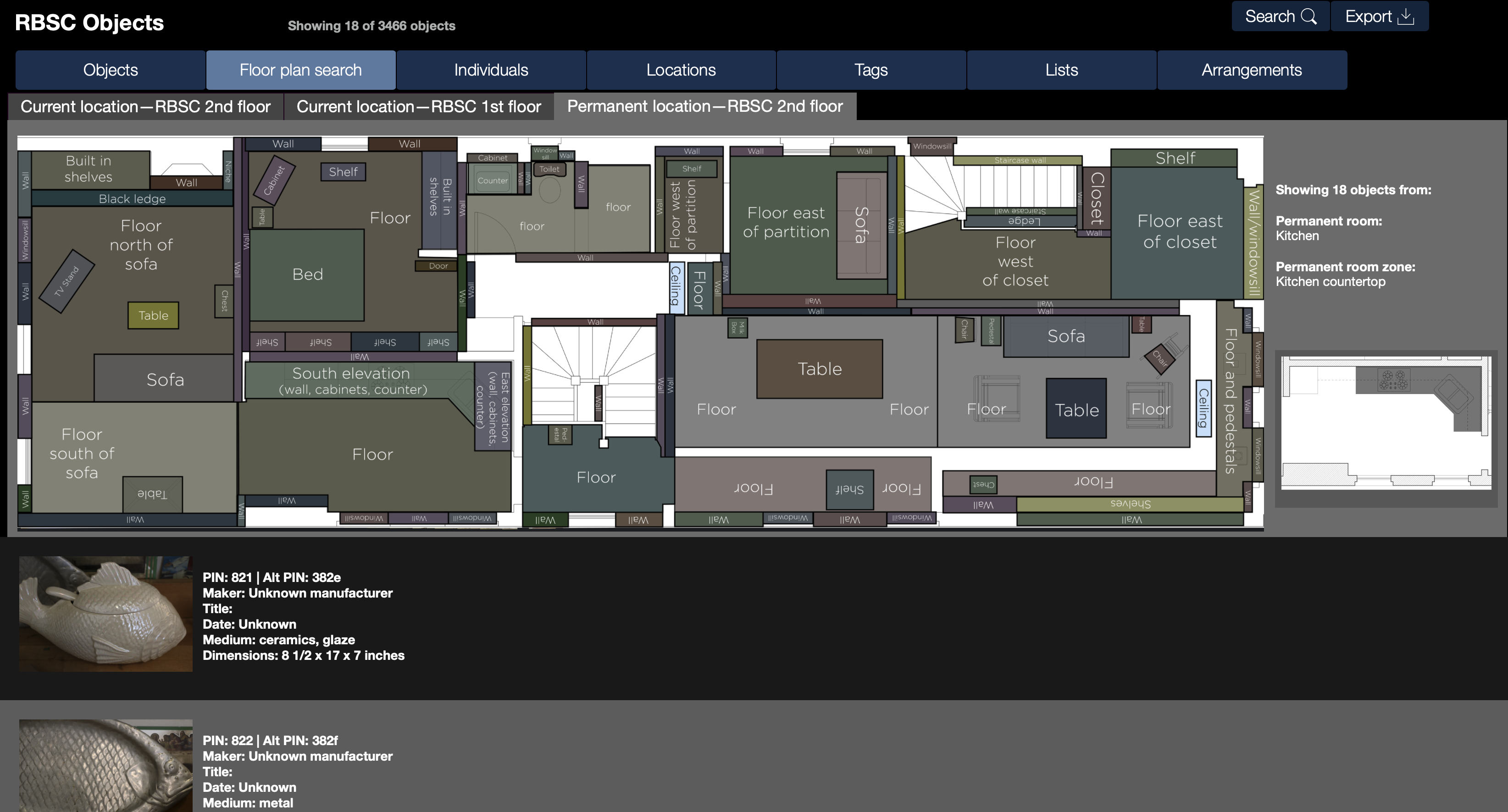 Screenshot of the RBSC database with a floorplan of the museum allowing users to click a location to see objects on display.