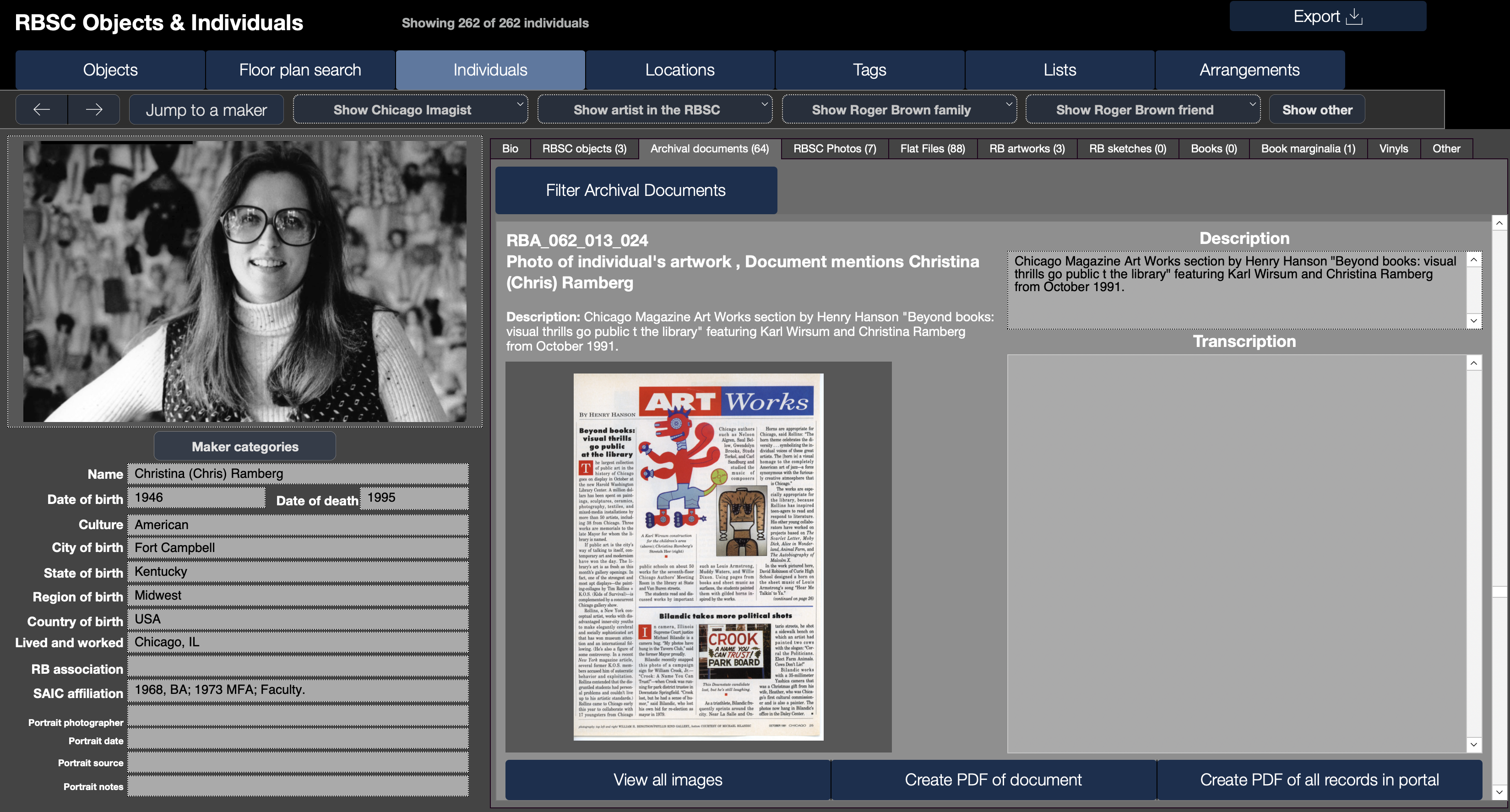 Screenshot of the RBSC database showing the Individuals page with a photo of Christina Ramberg and tabs to see records related to her from other databases.