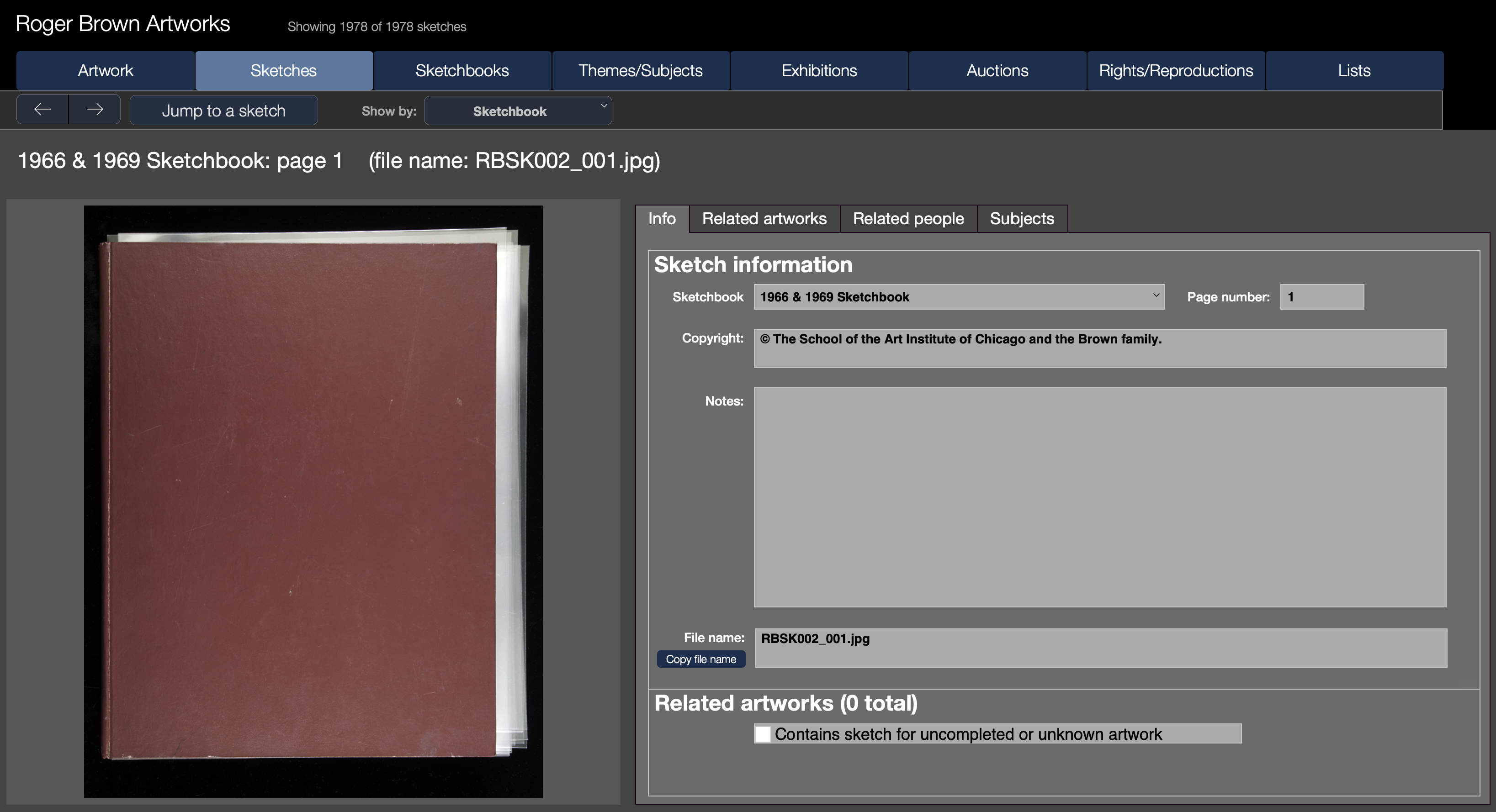 Screenshot of the Roger Brown Sketches database showing a sketchbook cover with links to see artworks, sketches, sketchbooks, themes/subjects, exhibitions, auctions, rights/reproductions, and lists.