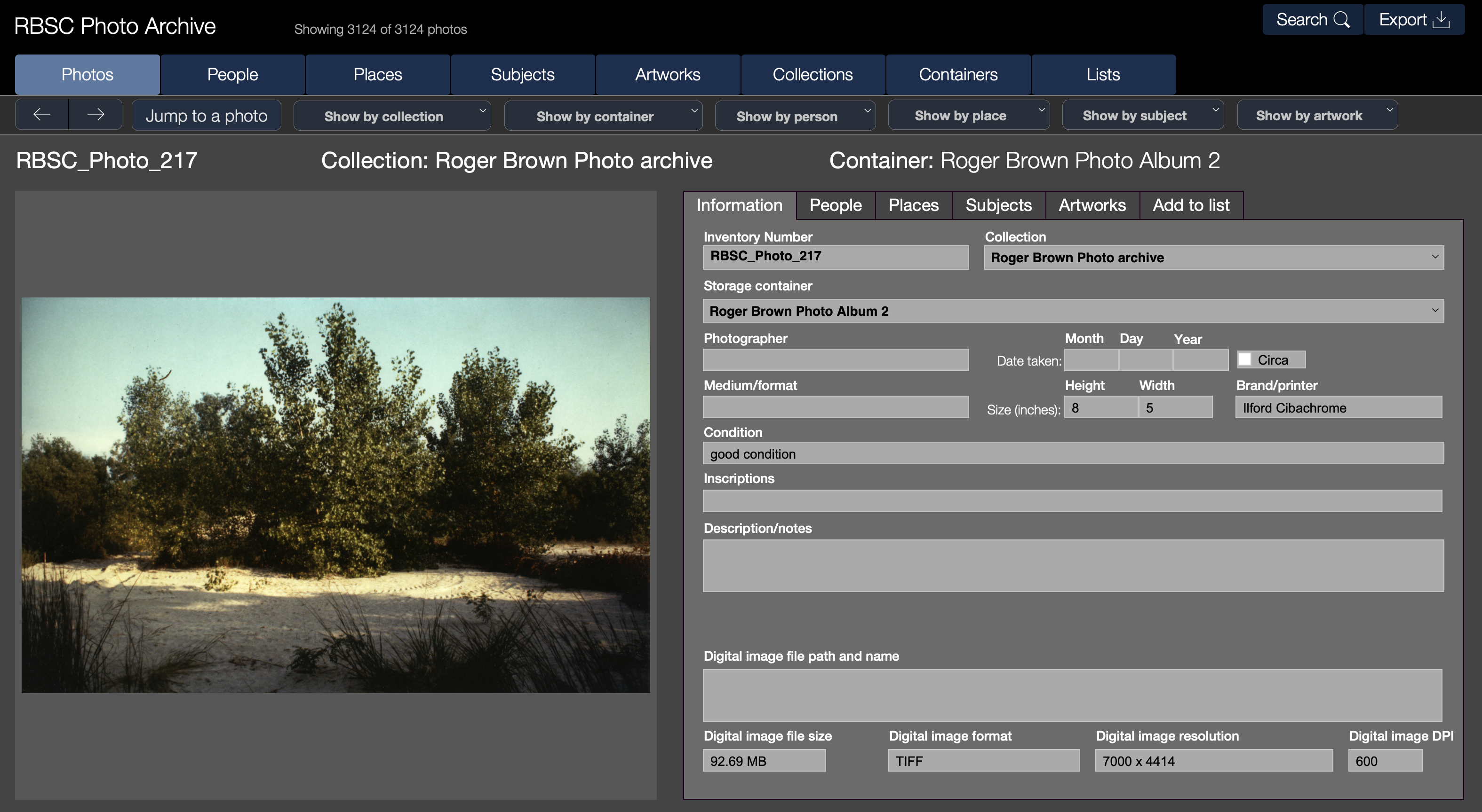 Screenshot of the RBSC photo database showing a landscape image.