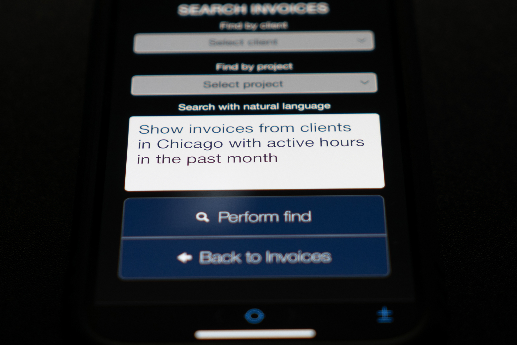 Phone with a FileMaker Pro app prompting the user to search with natural language. User has entered the text 'Show invoices from clients in Chicago with active hours in the past month'