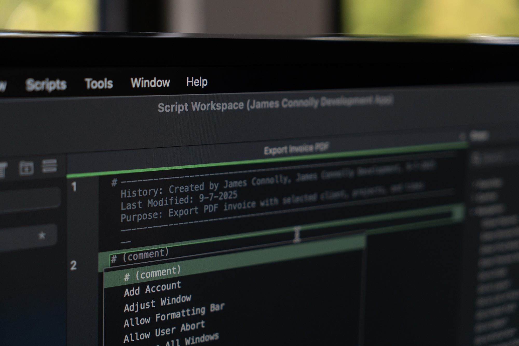 Photo of a monitor with FileMaker Pro's script workspace open.